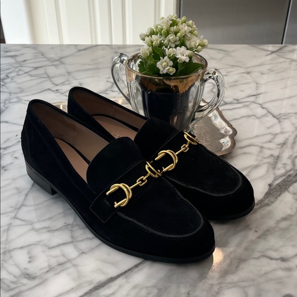 Stuart Weitzman Black suede Loafers with Gold  buckle Accents - Picture 1 of 10